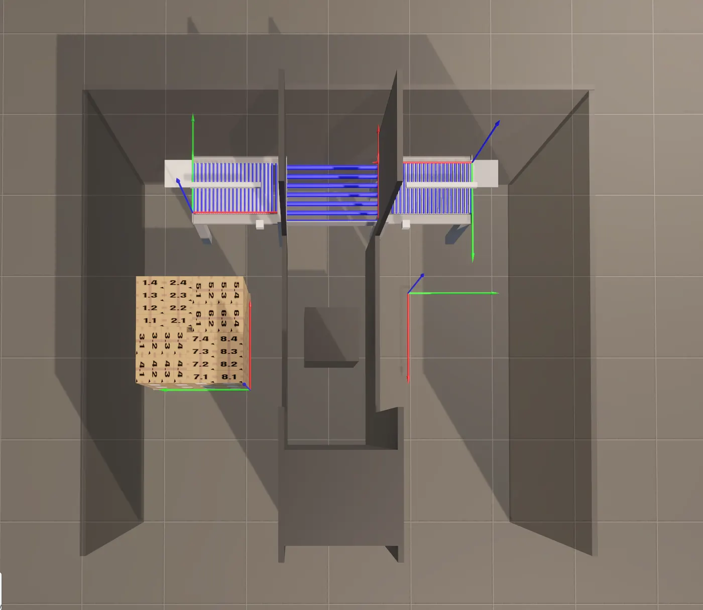 Top-down view of a cell showing safety fencing, infeed conveyors and pallet positions