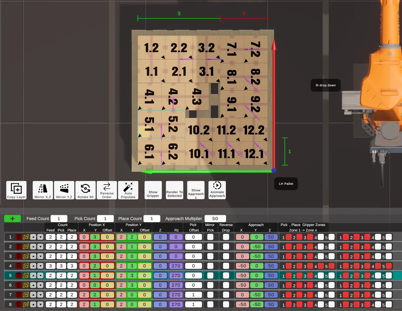 The sequence table, where each row is one pick and place movement