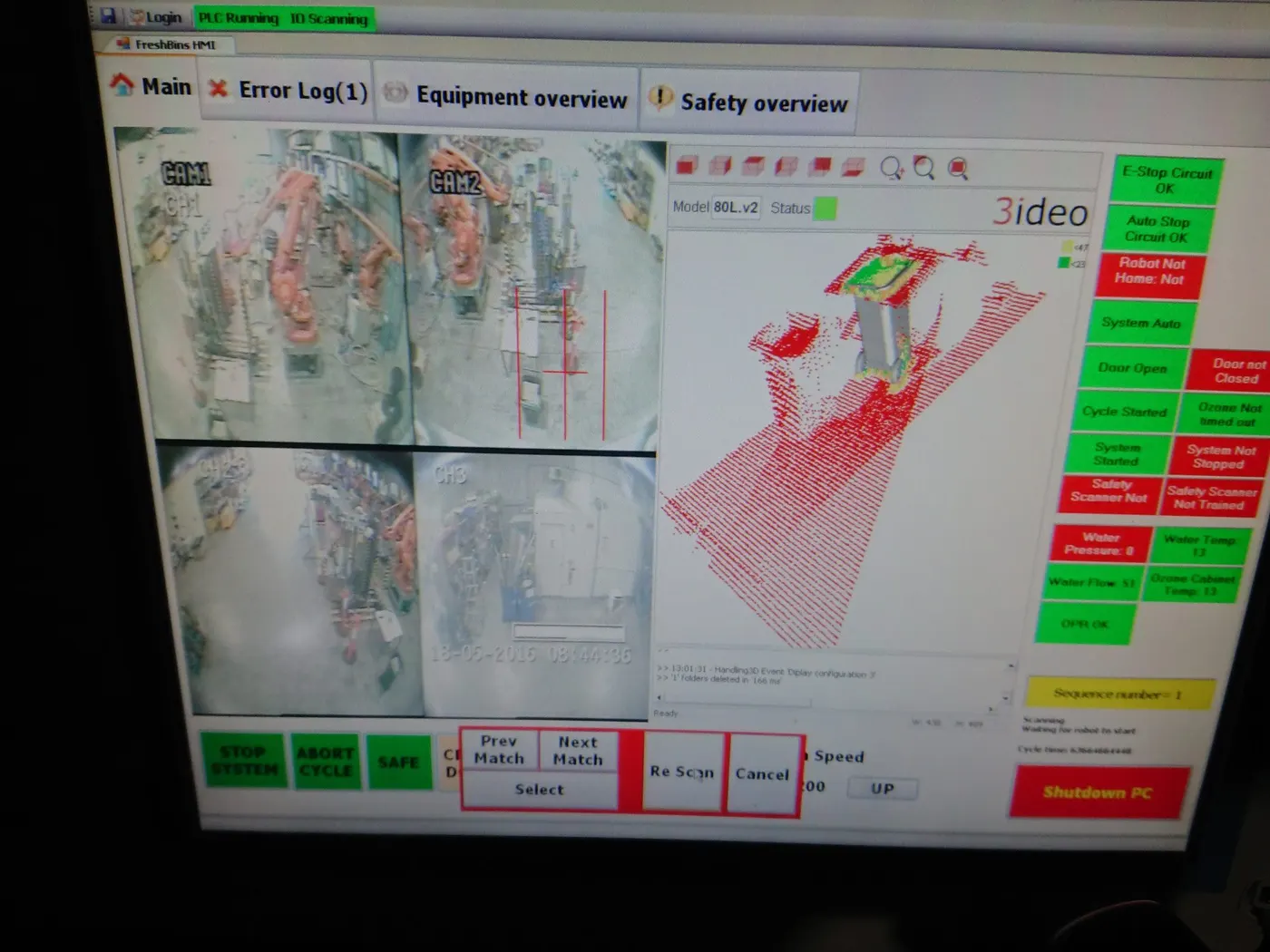 Operator HMI showing the 3D scan, camera views and live safety status